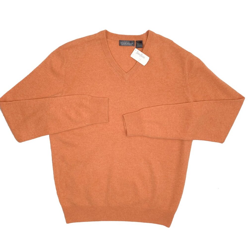 NEW $398 Neiman Marcus Cashmere Sweater! L or XL Orange V Neck Soft and Plush